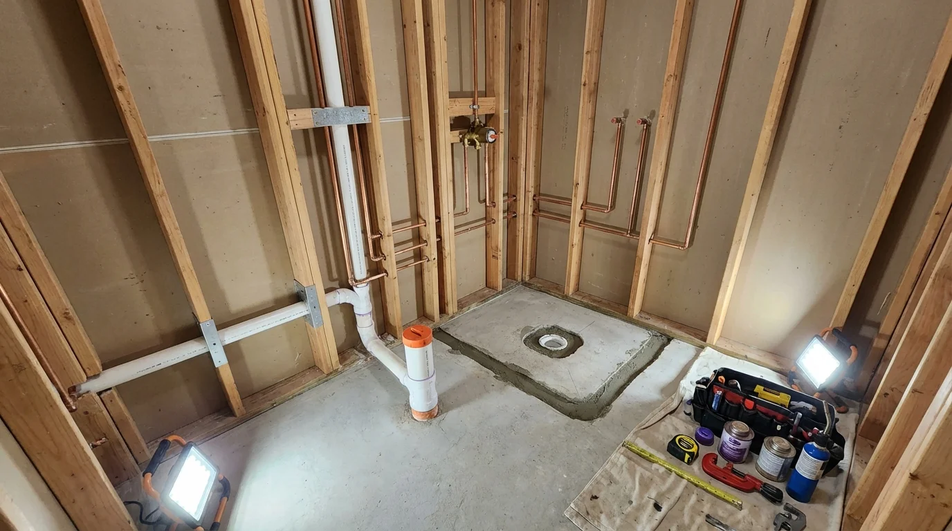 Bathroom rough-in plumbing during remodel by Johns Plumbing LLC in Wittenberg