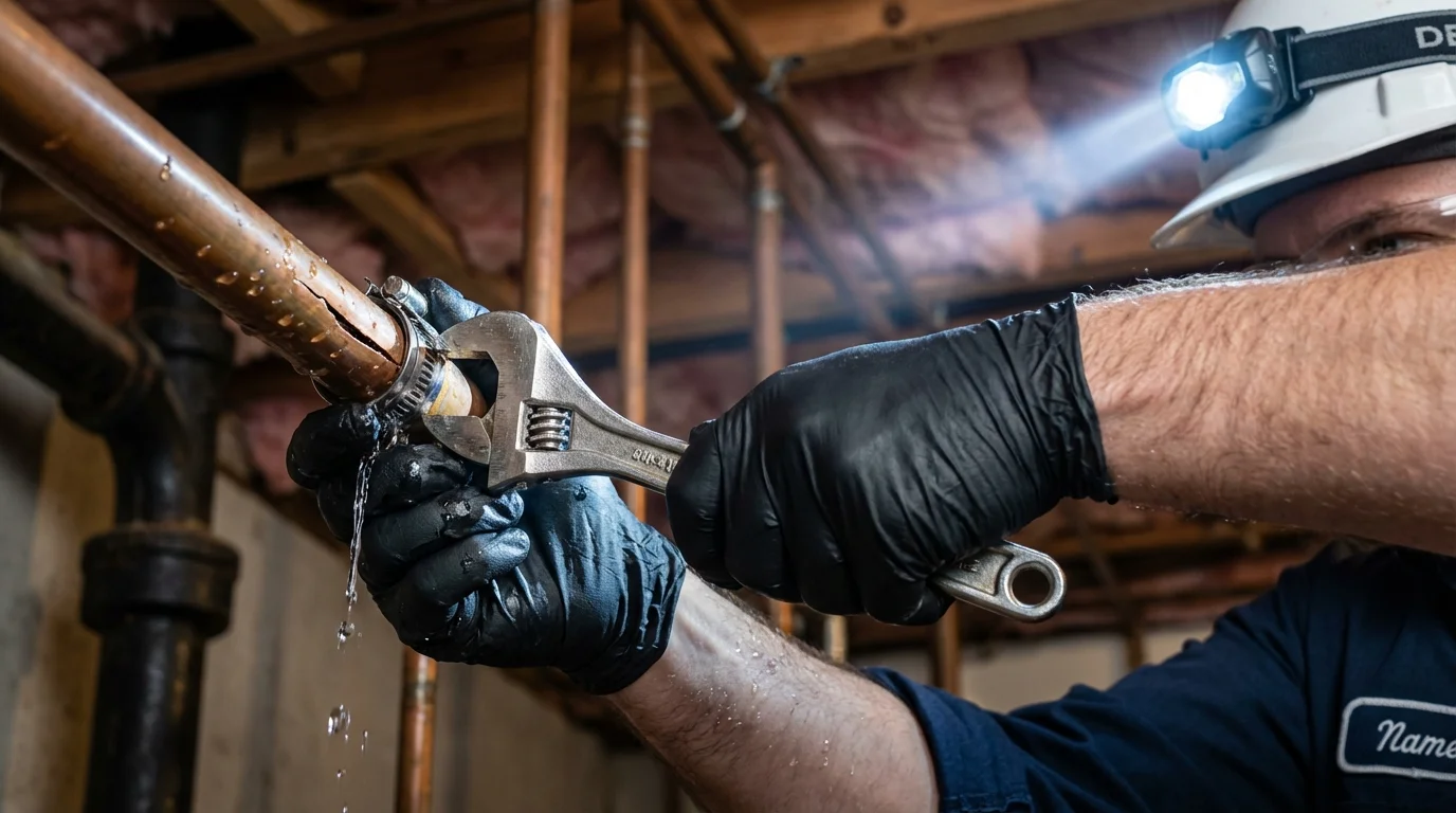 Emergency pipe clamp repair being performed by a Johns Plumbing LLC plumber in Wittenberg