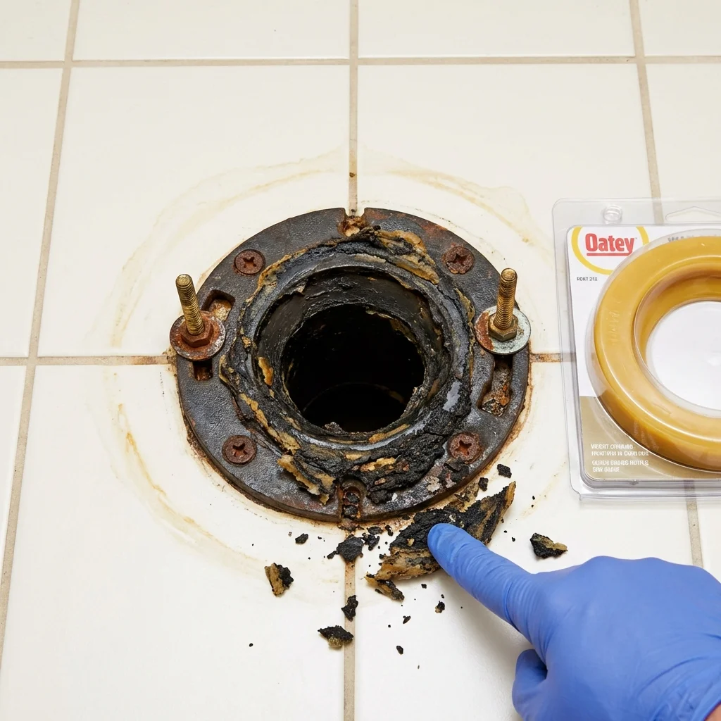 Failed wax ring showing water seepage at the base of a toilet in a Wittenberg, WI home