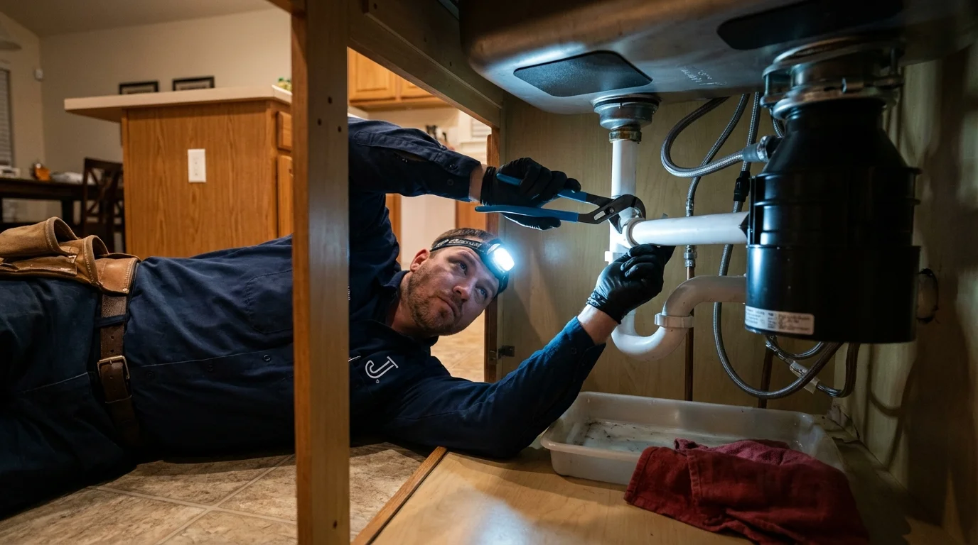 P-trap and supply line connections under a kitchen sink showing a common leak point in Wittenberg, WI